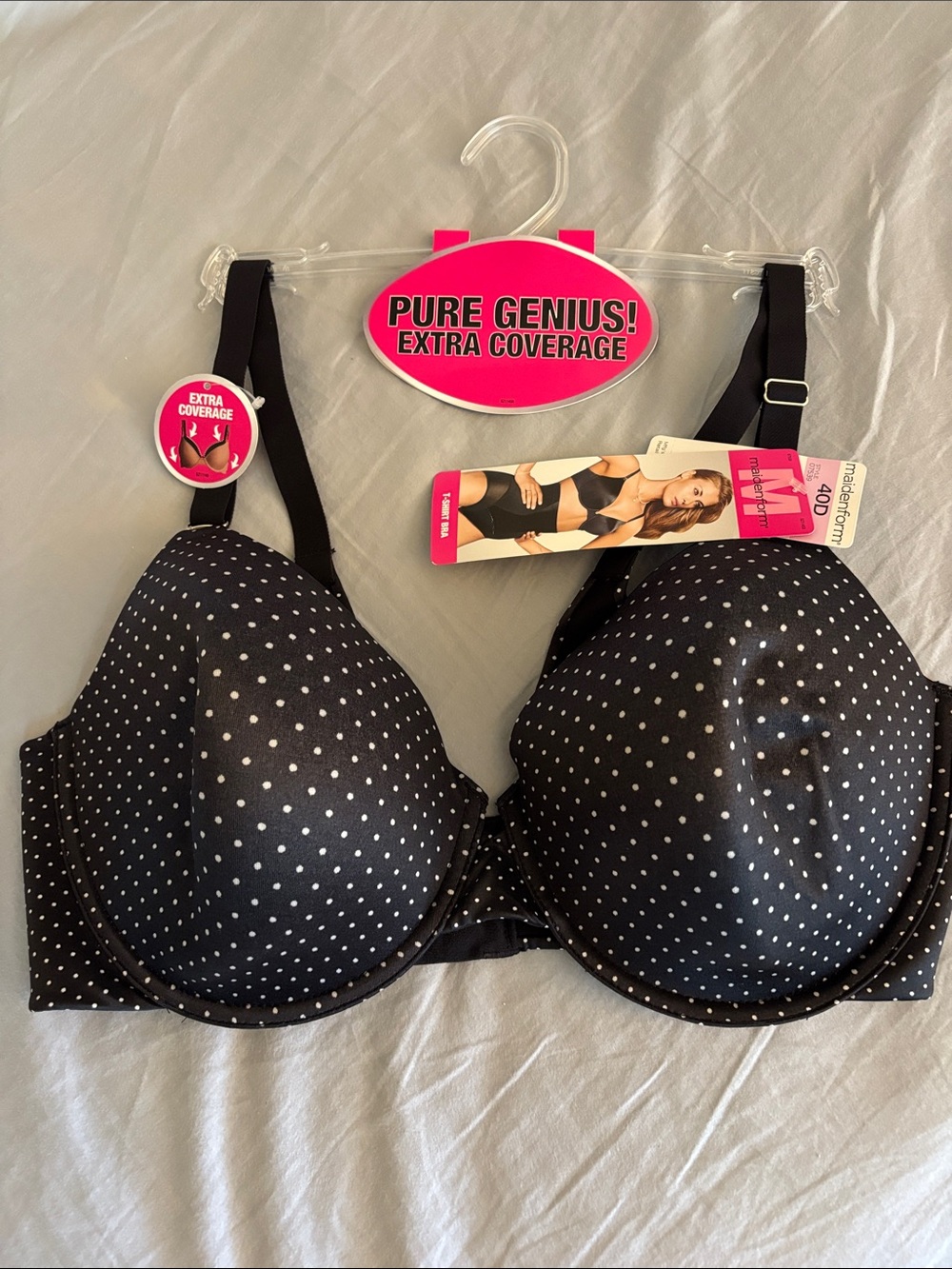 Maidenform Black Bra with White Polka Dots - Pure Genius Extra Coverage